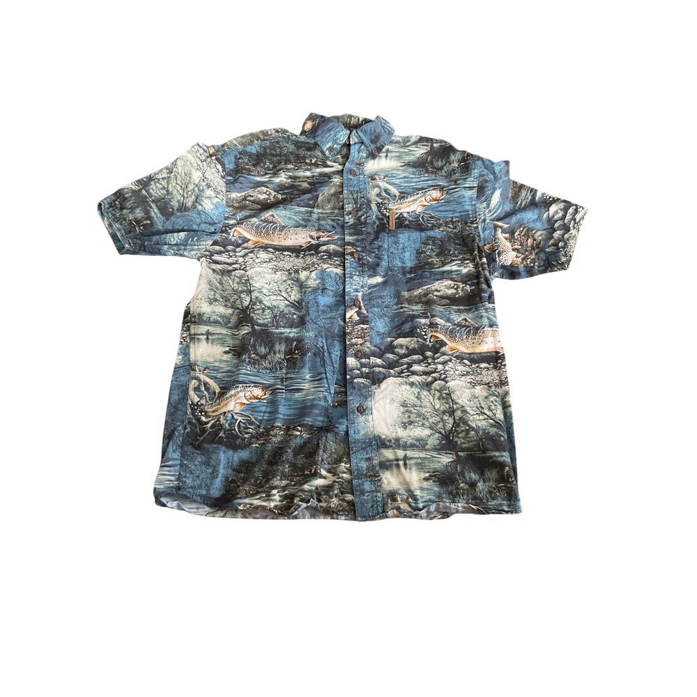 Clearwater Outfitters Trout Fishing Shirt Mens Medium Blue Short Sleeve Cotton